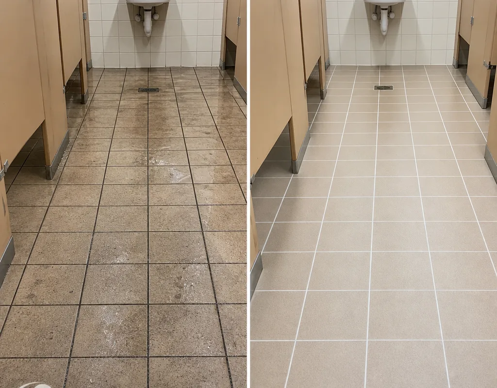 Before-and-after of commercial restroom tile and grout with visibly lighter grout lines and a uniform tile surface after cleaning