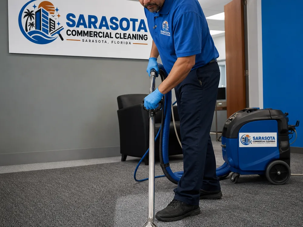 Technician using a commercial carpet extractor on a low-pile office carpet with a visible freshly cleaned traffic lane