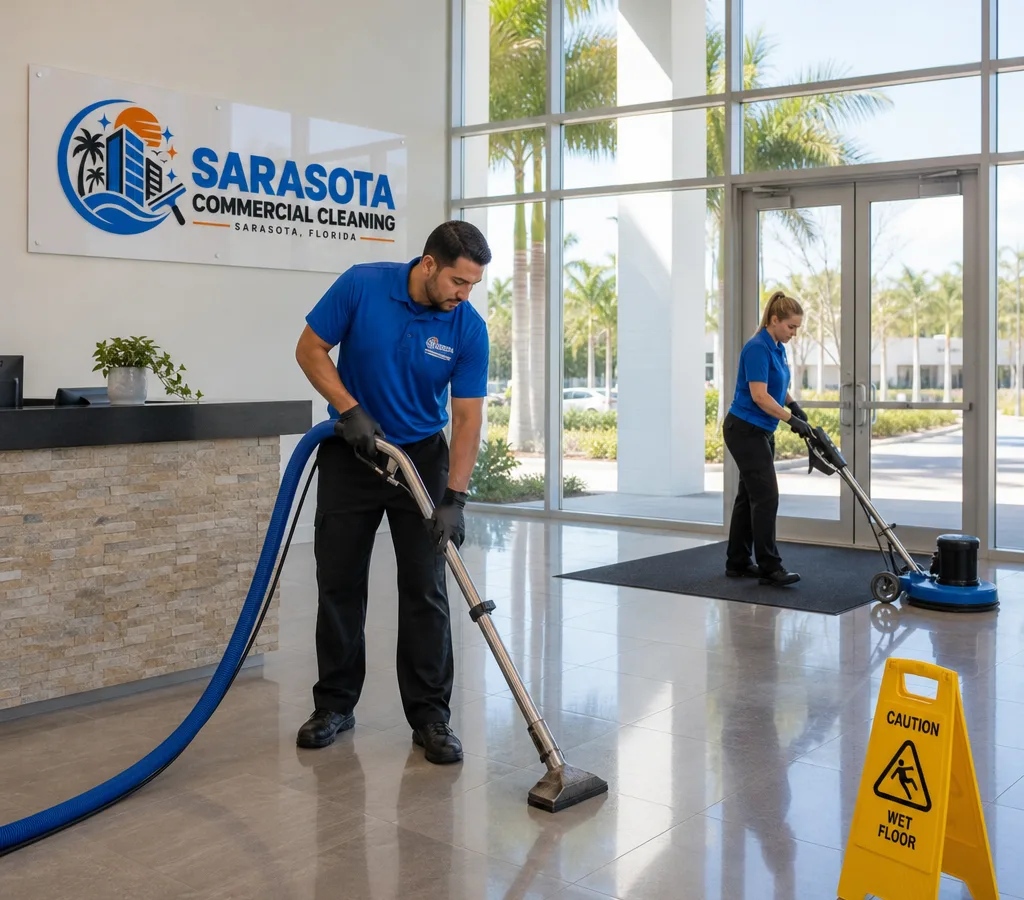 Commercial cleaning technicians deep cleaning floors and high-touch surfaces in a Sarasota office lobby