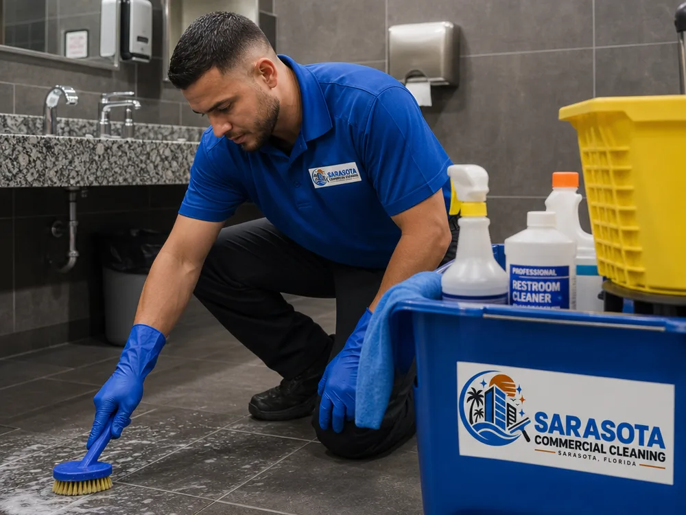 Technician detailing tile grout and fixtures in a Sarasota commercial restroom using professional tools and labeled chemicals