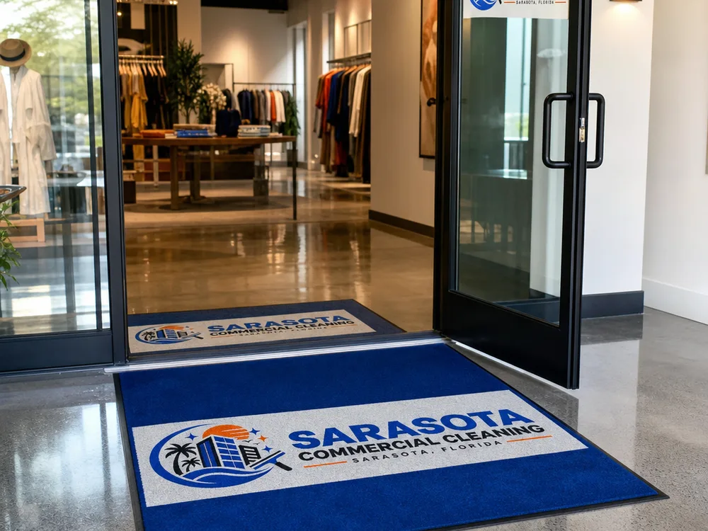 Retail storefront with polished floors and clean entry mats after a commercial deep clean