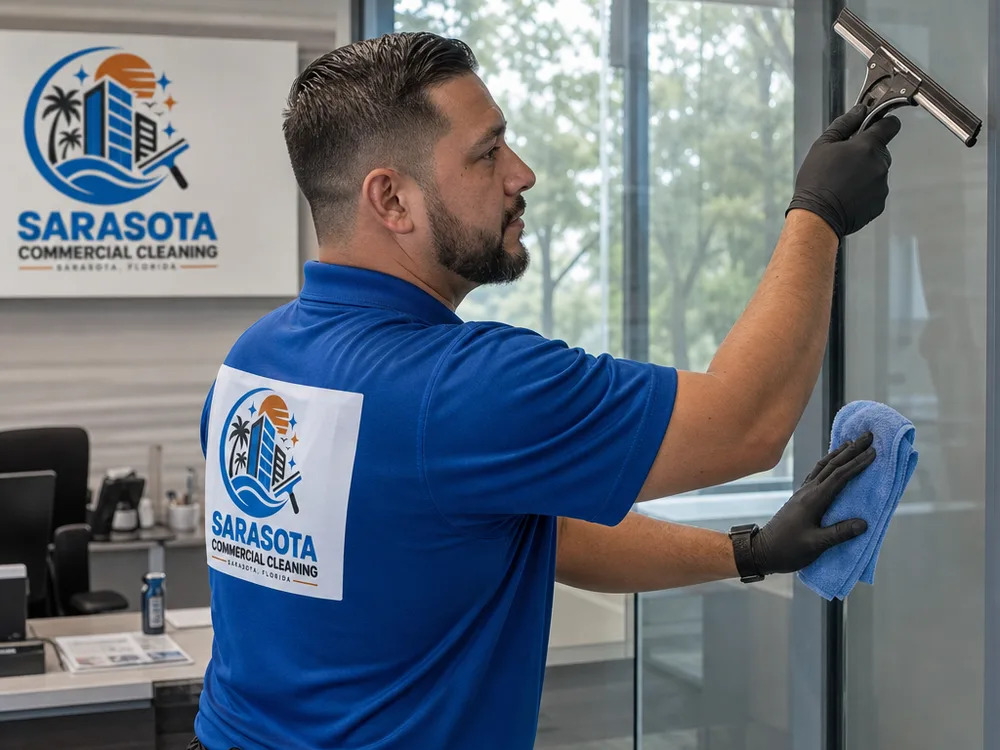 Technician cleaning interior office glass with a squeegee and detailing towel while protecting nearby surfaces