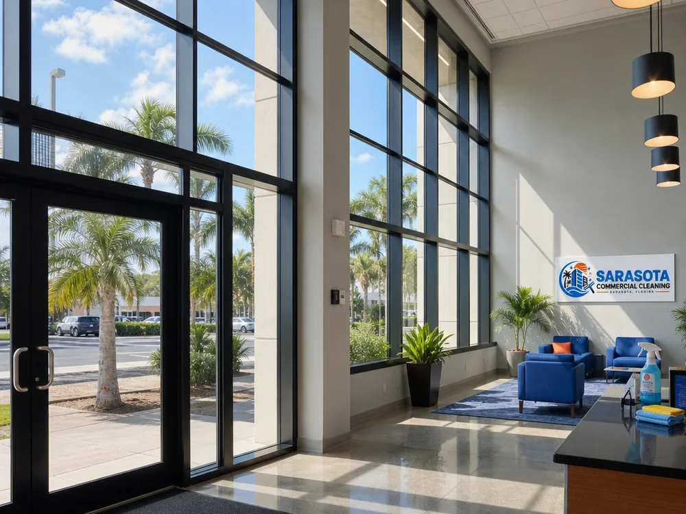 Bright office lobby with large streak-free glass panels and clean entry doors
