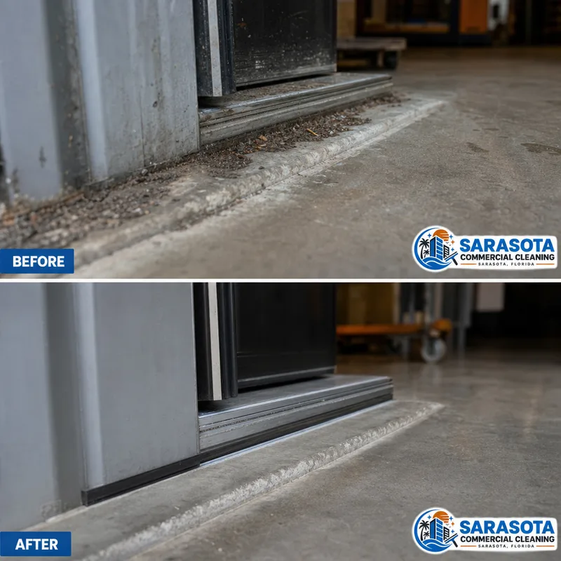 Clean loading dock threshold and door track with accumulated debris removed