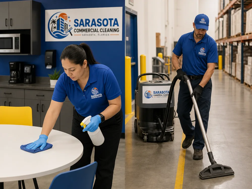 Technicians cleaning an industrial breakroom and warehouse aisles with industrial equipment
