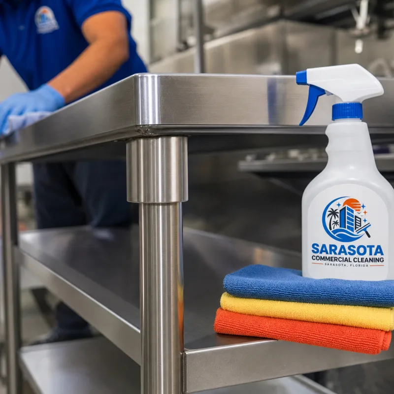 Cleaned stainless prep table corners, undershelf, and legs without grease film