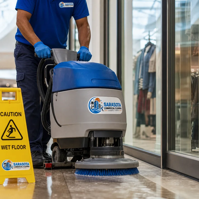 Technician using an auto-scrubber on a retail corridor floor near storefront thresholds and a wet-floor sign