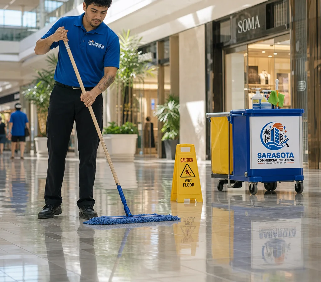 Daytime cleaning technician mopping a glossy corridor in an occupied Sarasota shopping center