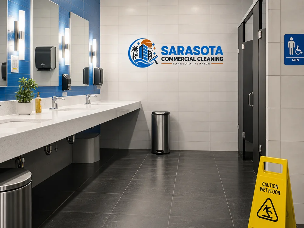 Freshly cleaned shopping center restroom with dry floors, stocked dispensers, and spotless fixtures
