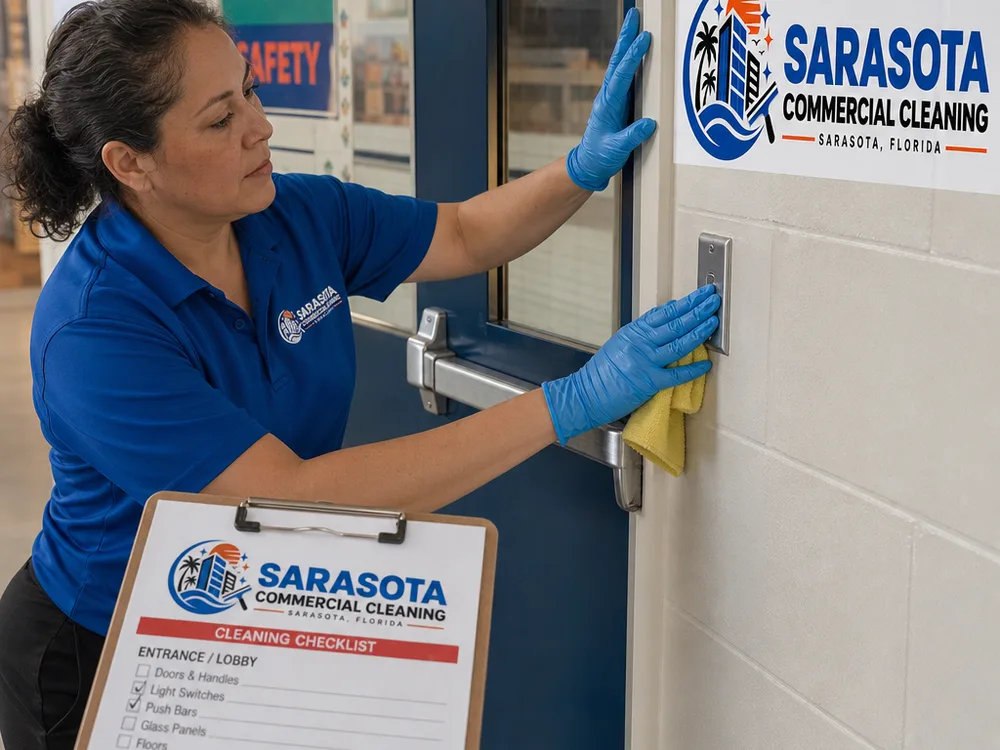 Cleaner disinfecting a school entrance door push bar and light switch while following a written checklist
