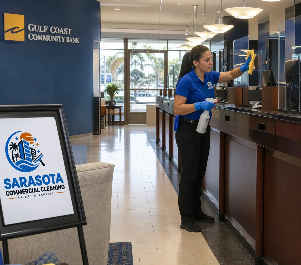 After-hours cleaner disinfecting high-touch surfaces inside a Sarasota-area bank branch lobby with teller line and glass entry doors