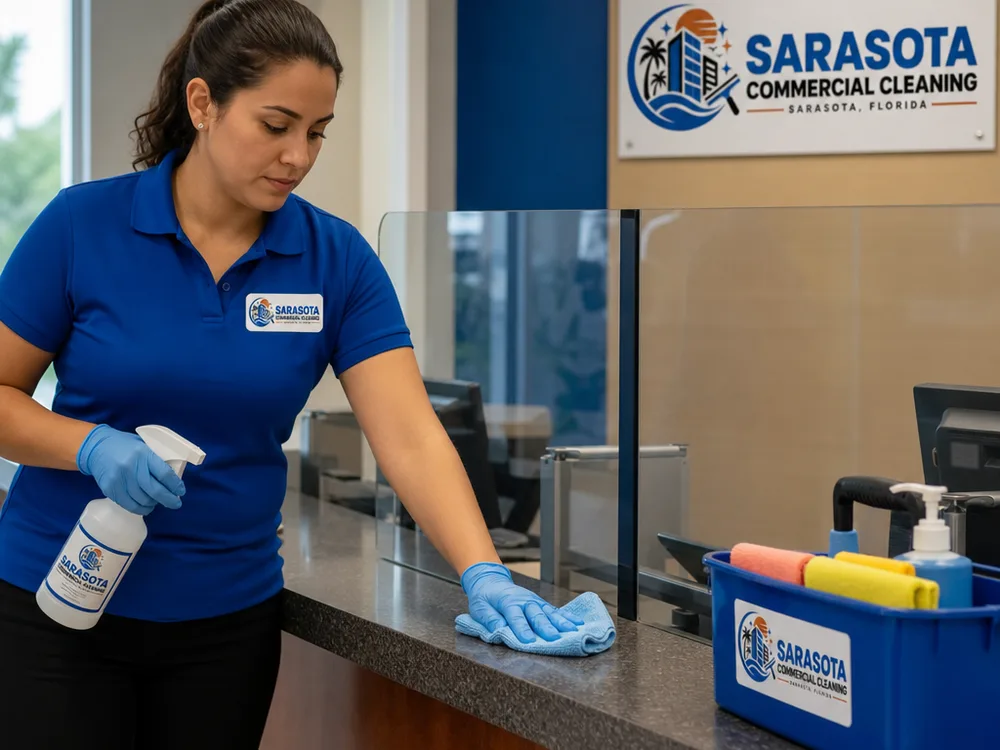 Cleaner using a microfiber cloth and neutral cleaner on a bank teller counter and glass partition with color-coded cloths and a cleaning caddy