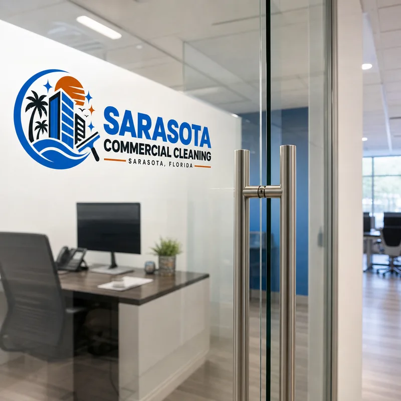 Streak-free showroom office glass and clean door handles with a tidy desk area behind the partition
