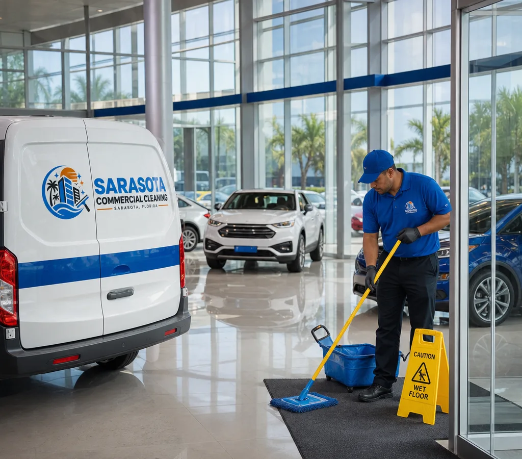 Bright auto dealership showroom with glossy floors, clean glass, display vehicles, and a cleaner detailing the entrance
