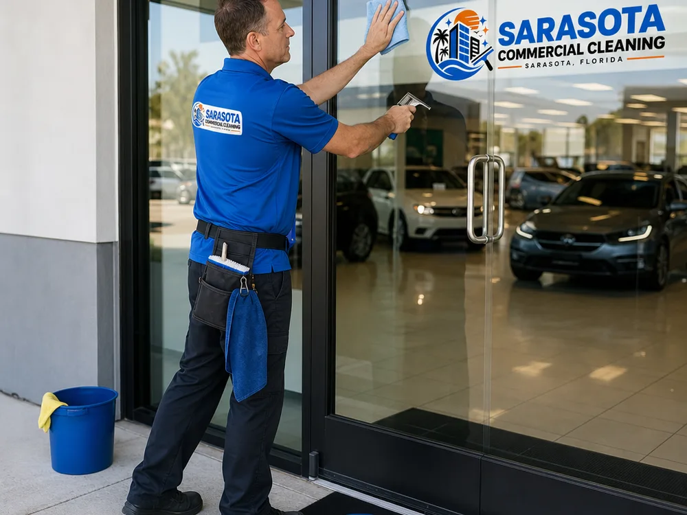 Cleaner performing streak-free glass cleaning on dealership entrance doors beside clean floor mats