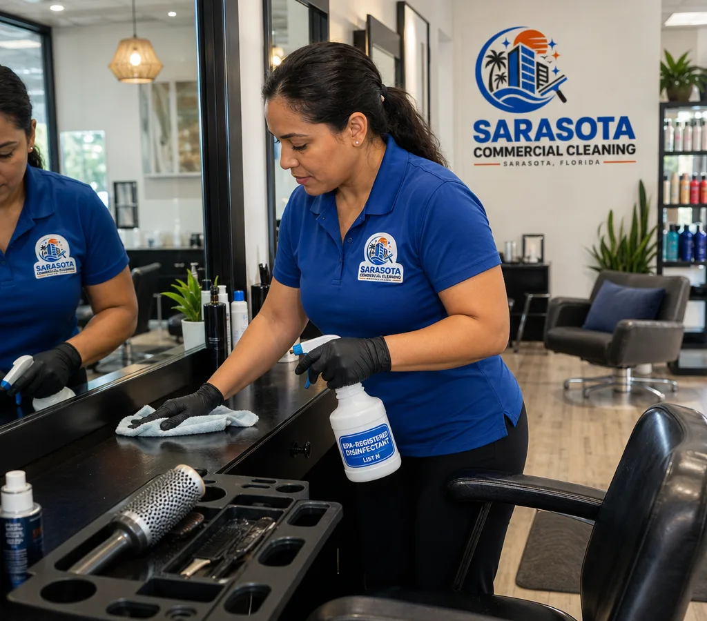 Professional cleaner disinfecting a salon styling station with a client-ready salon in the background