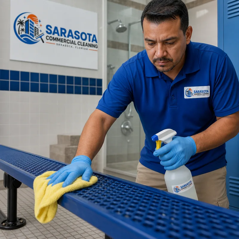 Cleaner wearing gloves disinfecting locker room benches and high-touch handles with a clean tiled shower area in the background