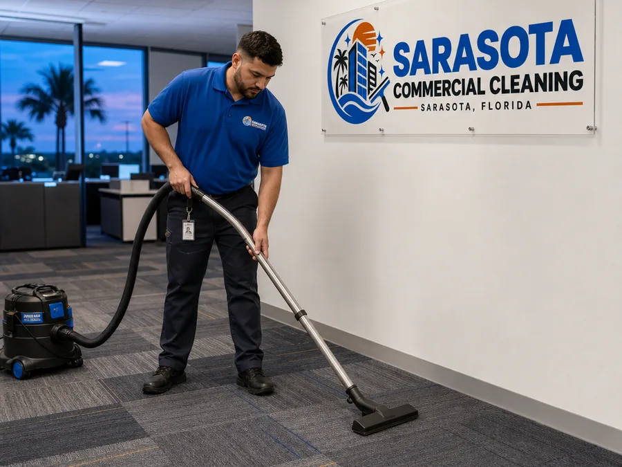 Cleaning crew using HEPA vacuum and microfiber tools to remove drywall dust from a new office